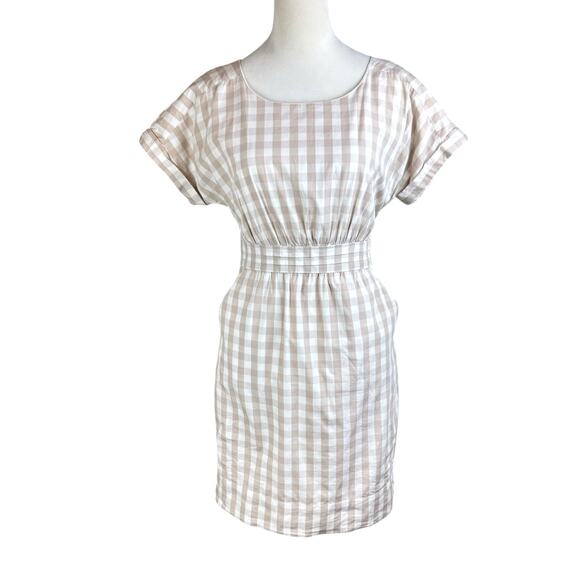 Anthropologie HD in Paris Beige Neutral Cream Gingham Belted Poplin Sheath Dress - Picture 4 of 15